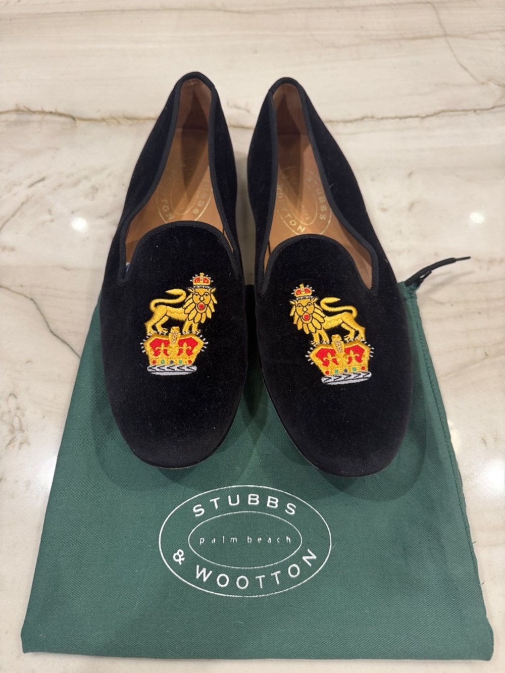 Stubbs & Wootton Black Velvet Lion Crown Embroidered Mules